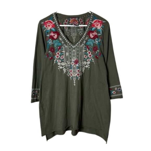 Johnny Was olive green embroidered v-neck tunic top womens L - Picture 1 of 10